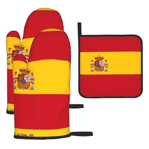WZYWHJ Ofenhandschuhe und Topflappen mit spanischer Flagge, 3-teiliges Set, verdickter langer Küchenhandschuh von WZYWHJ