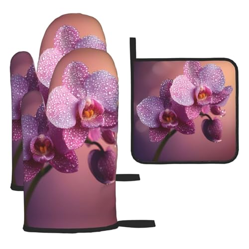 WZYWHJ Orchideen bedeckt mit wasserbedruckten Ofenhandschuhen und Topflappe, 3-teiliges Set, verdickter langer Küchenhandschuh von WZYWHJ