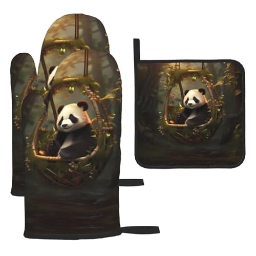 WZYWHJ Panda im hängenden Korb, bedruckte Ofenhandschuhe und Topflappe, 3-teiliges Set, verdickter langer Küchenhandschuh von WZYWHJ