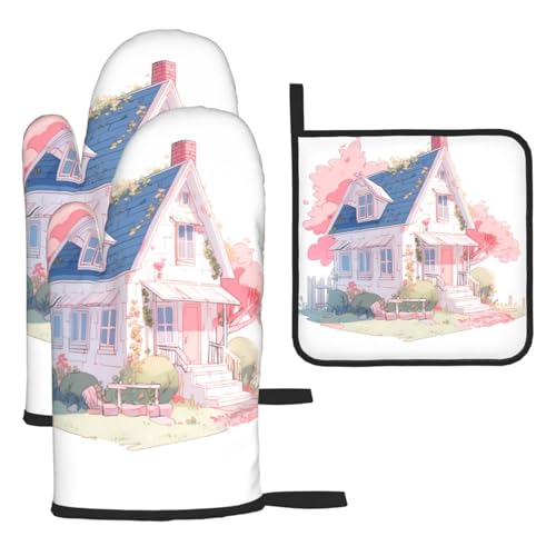 WZYWHJ Pink Cherry Blossom House bedruckte Ofenhandschuhe und Topflappe, 3-teiliges Set, verdickter langer Küchenhandschuh WZYWHJ Pink Cherry Blossom House bedruckte Ofenhandschuhe und Topflappe, 3-teiliges Set, verdickter langer Küchenhandschuh von WZYWHJ