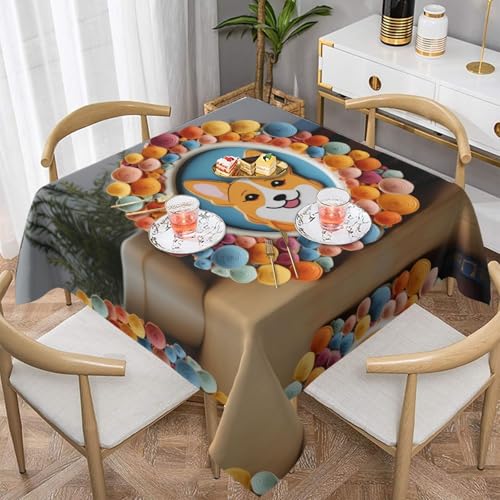 WZYWHJ Quadratische dekorative Tischdecke, 152,4 x 152,4 cm, waschbar, wiederverwendbar, buntes Corgi-Bilderrahmen-Druck von WZYWHJ