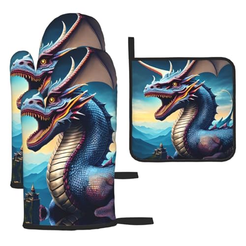 WZYWHJ Roaring Dragon bedruckte Ofenhandschuhe und Topflappe, 3-teiliges Set, verdickter langer Küchenhandschuh von WZYWHJ