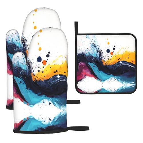 WZYWHJ Rotierende und kollidierende Aquarell-Muster, Ofenhandschuhe und Topflappe, 3-teiliges Set, verdickter, langer Küchenhandschuh von WZYWHJ