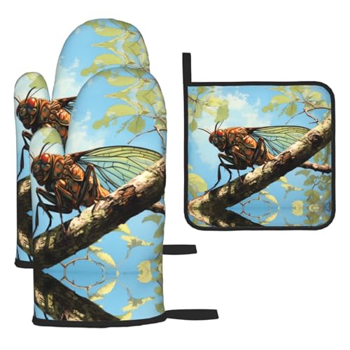 WZYWHJ Schöne Grasshopper bedruckte Ofenhandschuhe und Topflappe, 3-teiliges Set, verdickter langer Küchenhandschuh von WZYWHJ