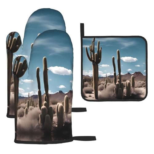 WZYWHJ Schöne Ofenhandschuhe und Topflappen mit Kaktus-Motiv, 3-teiliges Set, verdickter langer Küchenhandschuh von WZYWHJ