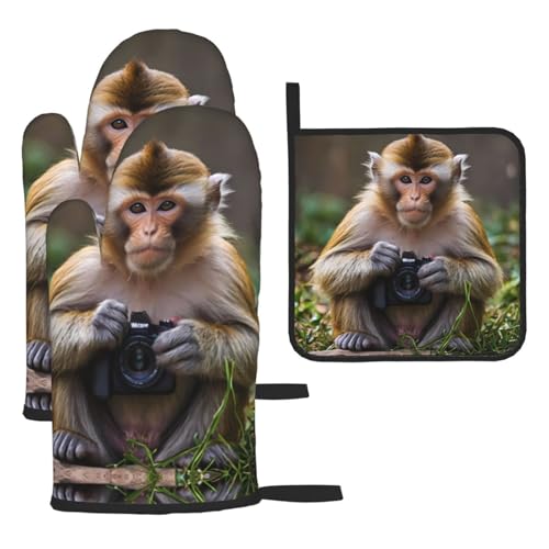 WZYWHJ Smart Monkey Pattern Ofenhandschuhe und Topflappen 3-teiliges Set verdickter langer Küchenhandschuh von WZYWHJ