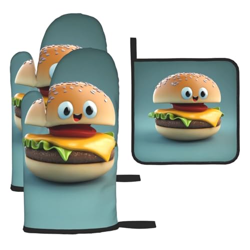 WZYWHJ Smiling Cheeseburger bedruckte Ofenhandschuhe und Topflappe, 3-teiliges Set, verdickter langer Küchenhandschuh WZYWHJ Smiling Cheeseburger bedruckte Ofenhandschuhe und Topflappe, 3-teiliges Set, verdickter langer Küchenhandschuh von WZYWHJ