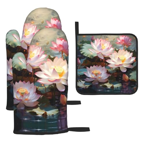 WZYWHJ Summer Lotus bedruckte Ofenhandschuhe und Topflappe, 3-teiliges Set, verdickter langer Küchenhandschuh von WZYWHJ