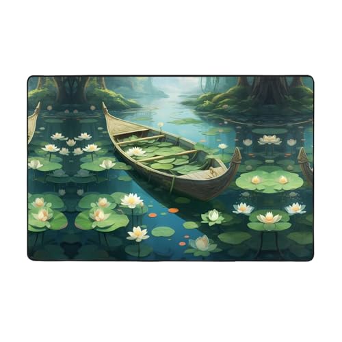 WZYWHJ Teppiche, Wohnzimmer-Fußmatten, Läufer, rutschfest, Kinderzimmermatte, Spielteppich, 152,4 x 99,1 cm, Motiv: Boot im Lotus-Teich von WZYWHJ