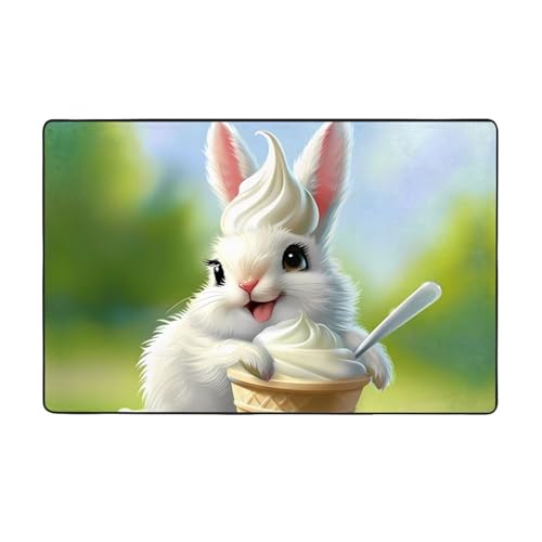 WZYWHJ Teppiche, Wohnzimmer-Fußmatten, Läufer, rutschfest, Kinderzimmermatte, Spielteppich, 152,4 x 99,1 cm, Motiv: Häschen mit Eiscreme von WZYWHJ