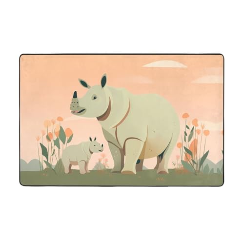WZYWHJ Teppiche, Wohnzimmer-Fußmatten, Läufer, rutschfest, Kinderzimmermatte, Spielteppich, 152,4 x 99,1 cm, niedliche Nashorn-Drucke von WZYWHJ