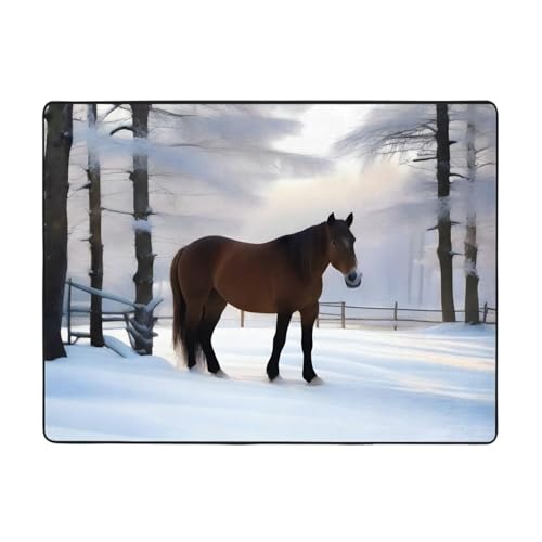 WZYWHJ Teppiche, Wohnzimmer-Fußmatten, Läufer, rutschfest, Kinderzimmermatte, Spielteppich, 160 x 121,9 cm, Pferd, Natur, Wintermuster von WZYWHJ