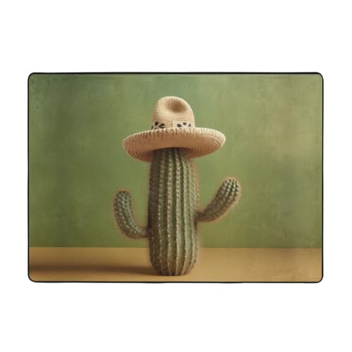 WZYWHJ Teppiche, Wohnzimmer-Fußmatten, Läufer, rutschfest, Kinderzimmermatte, Spielteppich, 203,2 x 147,3 cm, Kaktus mit Strohhutdruck von WZYWHJ