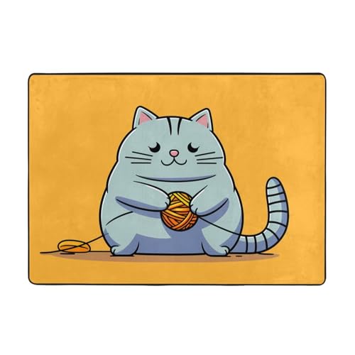 WZYWHJ Teppiche, Wohnzimmer-Fußmatten, Läufer, rutschfest, Kinderzimmermatte, Spielteppich, 203,2 x 147,3 cm, Katze spielt mit Schnurknäuel von WZYWHJ