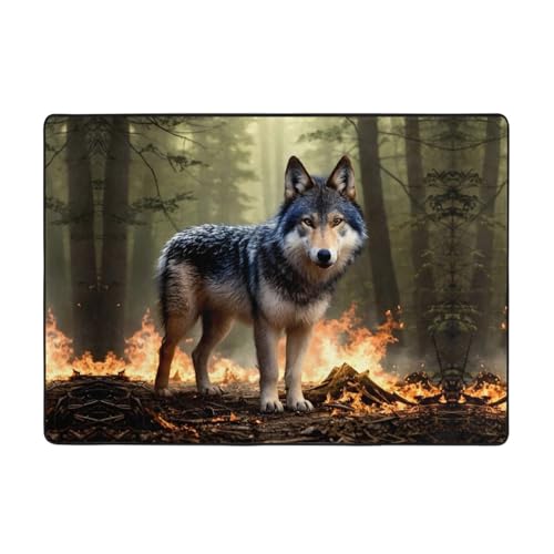 WZYWHJ Teppiche, Wohnzimmer-Fußmatten, Läufer, rutschfest, Kinderzimmermatte, Spielteppich, 203,2 x 147,3 cm, Motiv: Wolf in Flammen von WZYWHJ