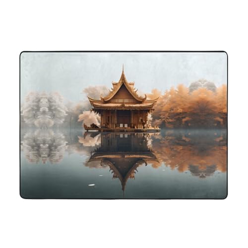 WZYWHJ Teppiche, Wohnzimmer-Fußmatten, Läufer, rutschfest, Kinderzimmermatte, Spielteppich, 203,2 x 147,3 cm, kleiner Pavillon auf dem See, bedruckt von WZYWHJ