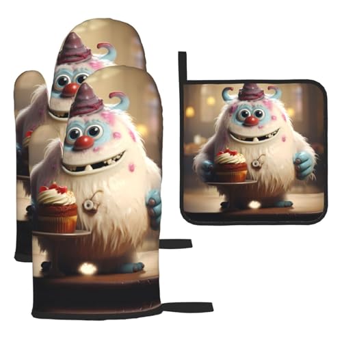 WZYWHJ The Little Monster Holding The Cake bedruckte Ofenhandschuhe und Topflappe, 3-teiliges Set, verdickter langer Küchenhandschuh von WZYWHJ