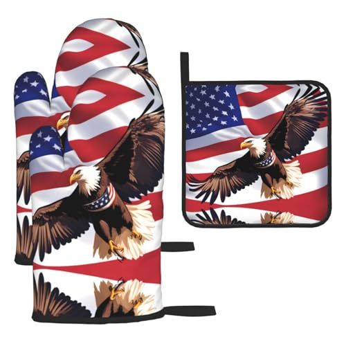 WZYWHJ USA Patriotischer Adler mit amerikanischer Flagge, bedruckte Ofenhandschuhe und Topflappe, 3-teiliges Set, verdickter, langer Küchenhandschuh von WZYWHJ