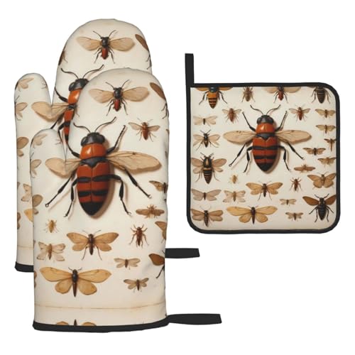 WZYWHJ Verschiedene Insekten bedruckte Ofenhandschuhe und Topflappen 3-teiliges Set verdickter langer Küchenhandschuh von WZYWHJ