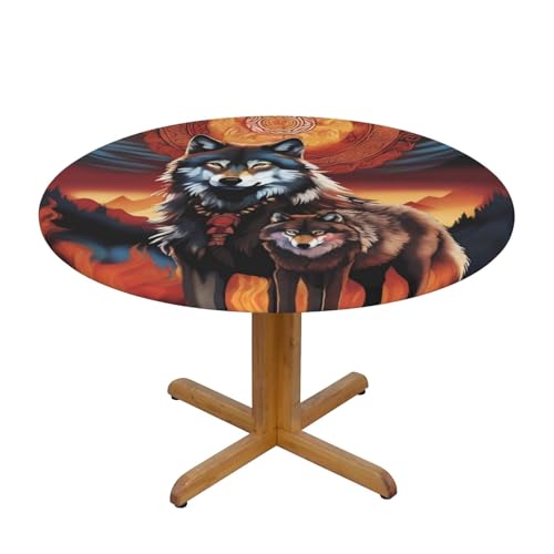 WZYWHJ Wolf Totem mit Feuermuster, runde Tischdecke, wasserdicht, knitterfrei, für Esstisch, Dekoration, Tischdecke von WZYWHJ