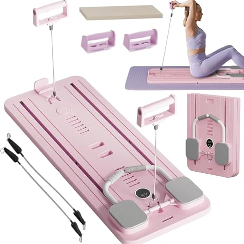 WaaYb Ab Roller Board, faltbares Pilates-Reformer-Set, multifunktionales automatisches Rebound-Roller-Übungsrad mit Ellenbogenstütze, Widerstandsbändern und Timer, Ganzkörper-Trainingsgerät pink von WaaYb