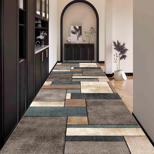 Abstrakt Teppich Läufer Flur Geometrisch Braun Bunt küche Lang Waschbar rutschfest 40x500cm Teppichläufer Flurläufer küchenläufer Fußmatte Wohnzimmerteppich Dauerhaft für Esszimmer Korridor Meterware von Waazgle