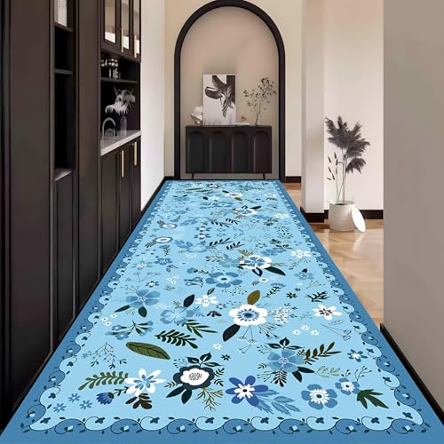 Blau Teppich Läufer Flur, Blumen Teppichläufer küchenläufer Lang Waschbar rutschfest 50x220cm küchen läufer Flurläufer Fußmatte Wohnzimmerteppich Dauerhaft für Esszimmer Korridor Meterware von Waazgle