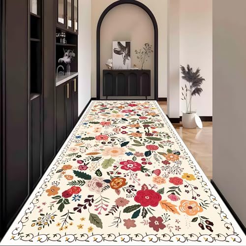 Blumen Teppich Läufer Flur Bunt Modernküche Lang Waschbar rutschfest 80x450cm Teppichläufer Flurläufer küchenläufer Fußmatte Wohnzimmerteppich Dauerhaft für Esszimmer Korridor Meterware von Waazgle