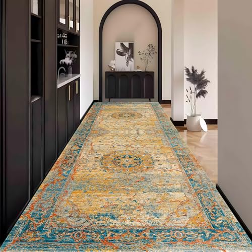Boho Teppich Läufer Flur, Bunt Vintage Teppichläufer küchenläufer Lang Waschbar rutschfest 100x400cm küchen läufer Flurläufer Fußmatte Wohnzimmerteppich Dauerhaft für Esszimmer Korridor Meterware von Waazgle