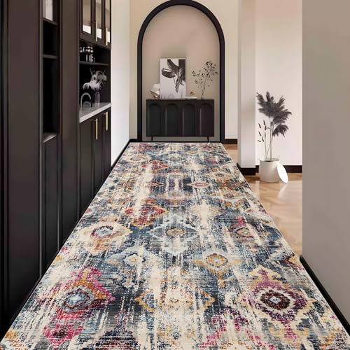 Boho Teppich Läufer Flur Bunt, Teppichläufer küchenläufer Lang Waschbar rutschfest 100x400cm küchen läufer Flurläufer Fußmatte Wohnzimmerteppich Dauerhaft für Esszimmer Korridor Meterware von Waazgle