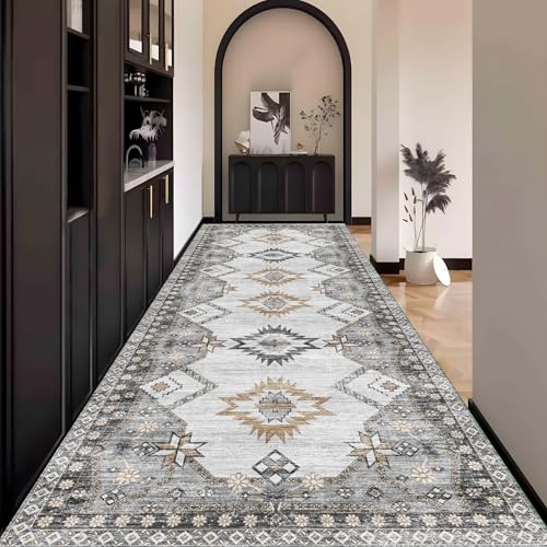 Boho Teppich Läufer Flur Grau, Bunt Teppichläufer küchenläufer Lang Waschbar rutschfest 110x500cm küchen läufer Flurläufer Fußmatte Wohnzimmerteppich Dauerhaft für Esszimmer Korridor Meterware von Waazgle