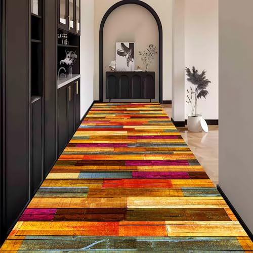 Teppich Läufer Flur, 3D Holzmuster Bunt Teppichläufer küchenläufer Lang Waschbar rutschfest 60x100cm küchen läufer Flurläufer Fußmatte Wohnzimmerteppich Dauerhaft für Esszimmer Korridor Meterware von Waazgle