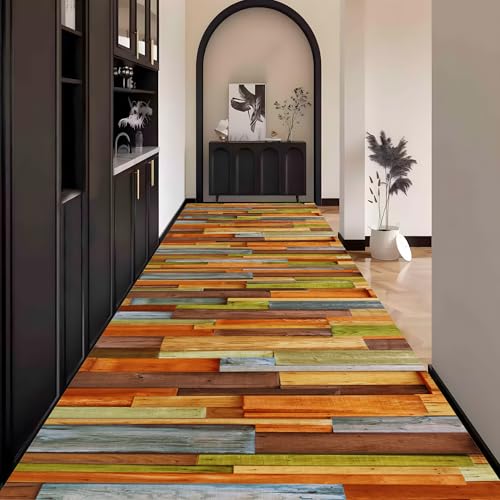 Teppich Läufer Flur, 3D Holzmuster Bunt Teppichläufer küchenläufer Lang Waschbar rutschfest 80x340cm küchen läufer Flurläufer Fußmatte Wohnzimmerteppich Dauerhaft für Esszimmer Korridor Meterware von Waazgle