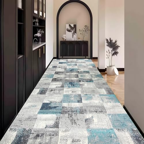 Teppich Läufer Flur Abstrakt, Blau Grau Teppichläufer küchenläufer Lang Waschbar rutschfest 120x600cm küchen läufer Flurläufer Fußmatte Wohnzimmerteppich Dauerhaft für Esszimmer Korridor Meterware von Waazgle
