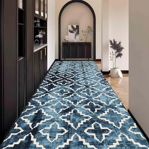 Teppich Läufer Flur Abstrakt, Blau Teppichläufer küchenläufer Lang Waschbar rutschfest 110x600cm küchen läufer Flurläufer Fußmatte Wohnzimmerteppich Dauerhaft für Esszimmer Korridor Meterware von Waazgle