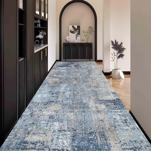 Teppich Läufer Flur Abstrakt, Blau Teppichläufer küchenläufer Lang Waschbar rutschfest 40x450cm küchen läufer Flurläufer Fußmatte Wohnzimmerteppich Dauerhaft für Esszimmer Korridor Meterware von Waazgle