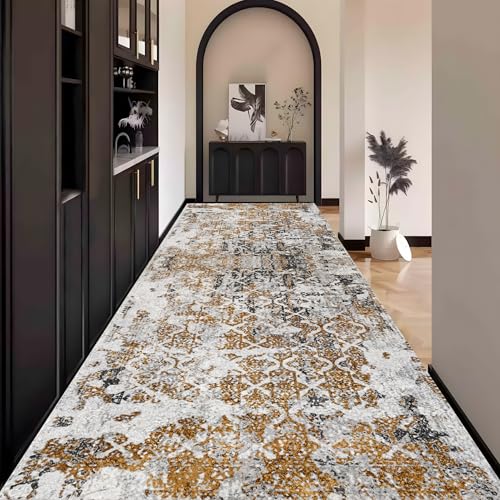 Teppich Läufer Flur Abstrakt, Grau und Gold Teppichläufer küchenläufer Lang Waschbar rutschfest 40x450cm küchen läufer Flurläufer Fußmatte Wohnzimmerteppich Dauerhaft für Esszimmer Korridor Meterware von Waazgle
