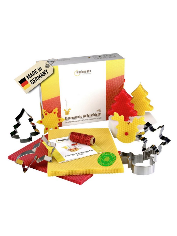 Wachsmann Bienenprodukte Bastelnaturmaterial Bastel-Set mit 100% Bienenwachs, Weihnachtsanhänger selber machen, (Deko für Geschenke & den Tannenbaum), Mit Ausstechformen, Dekoband & Dochten von Wachsmann Bienenprodukte
