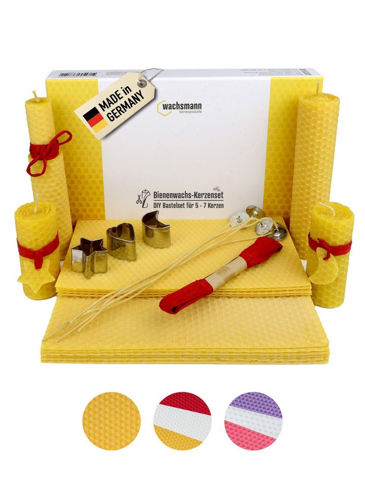 Wachsmann Bienenprodukte Bienenwachskerze zum selber machen (Kerzenset, Bienenwachs Kerzen Komplettset inkl. Material, Deko und Zubehör), DIY komplett Bastel-Set mit Dochten, Ausstechformen & Raffia Band von Wachsmann Bienenprodukte