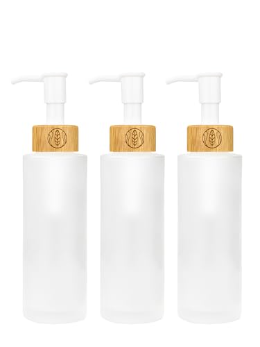 Wachsmann Glasflaschen mit Bambusdeckel - DIY-Naturkosmetik - Geschenkverpackung - Sprühkopf, Lotions-, Seifenspender - 30ml, 100ml, 150ml (100 ml | Seifenspender | Graviert | 3 Stück) von Wachsmann