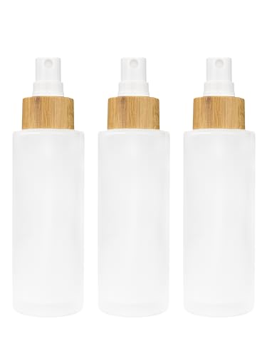 Wachsmann Glasflaschen mit Bambusdeckel - DIY-Naturkosmetik - Geschenkverpackung - Sprühkopf, Lotions-, Seifenspender - 30ml, 100ml, 150ml (100 ml | Sprühkopf | Graviert | 3 Stück) von Wachsmann