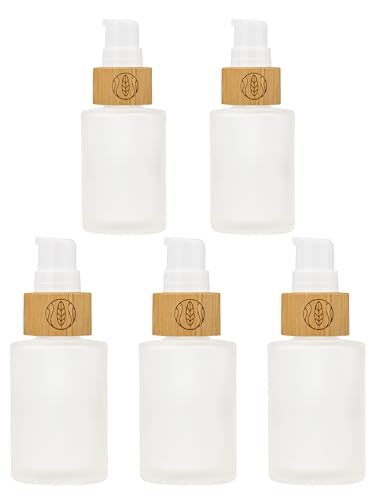 Wachsmann Glasflaschen mit Bambusdeckel - DIY-Naturkosmetik - Geschenkverpackung - Sprühkopf, Lotions-, Seifenspender - 30ml, 100ml, 150ml (30 ml | Lotionsspender | Graviert | 5 Stück) von Wachsmann