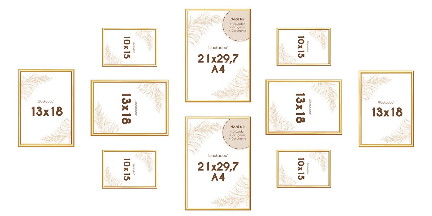 Wackadoo Living Bilderrahmen-Set mit Glasscheibe Posterrahmen Fotorahmen Fotowand, für 10 Bilder (10er-Set), 4x 10x15 cm, 4x 13x18 cm, 2x 21x29,7 cm (DIN A4), Wandcollage in verschiedenen Größen von Wackadoo Living