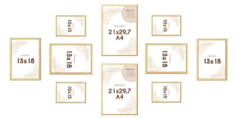 Wackadoo Living Bilderrahmen-Set mit Glasscheibe Posterrahmen Fotorahmen Fotowand, für 10 Bilder (10er-Set), 4x 10x15 cm, 4x 13x18 cm, 2x 21x29,7 cm (DIN A4), Wandcollage in verschiedenen Größen von Wackadoo Living