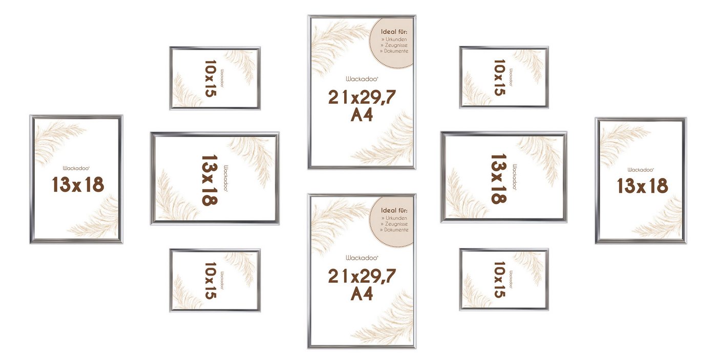 Wackadoo Living Bilderrahmen-Set mit Glasscheibe Posterrahmen Fotorahmen Fotowand, für 10 Bilder (10er-Set), 4x 10x15 cm, 4x 13x18 cm, 2x 21x29,7 cm (DIN A4), Wandcollage in verschiedenen Größen von Wackadoo Living