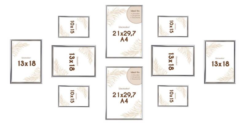 Wackadoo Living Bilderrahmen-Set mit Glasscheibe Posterrahmen Fotorahmen Fotowand, für 10 Bilder (10er-Set), 4x 10x15 cm, 4x 13x18 cm, 2x 21x29,7 cm (DIN A4), Wandcollage in verschiedenen Größen von Wackadoo Living