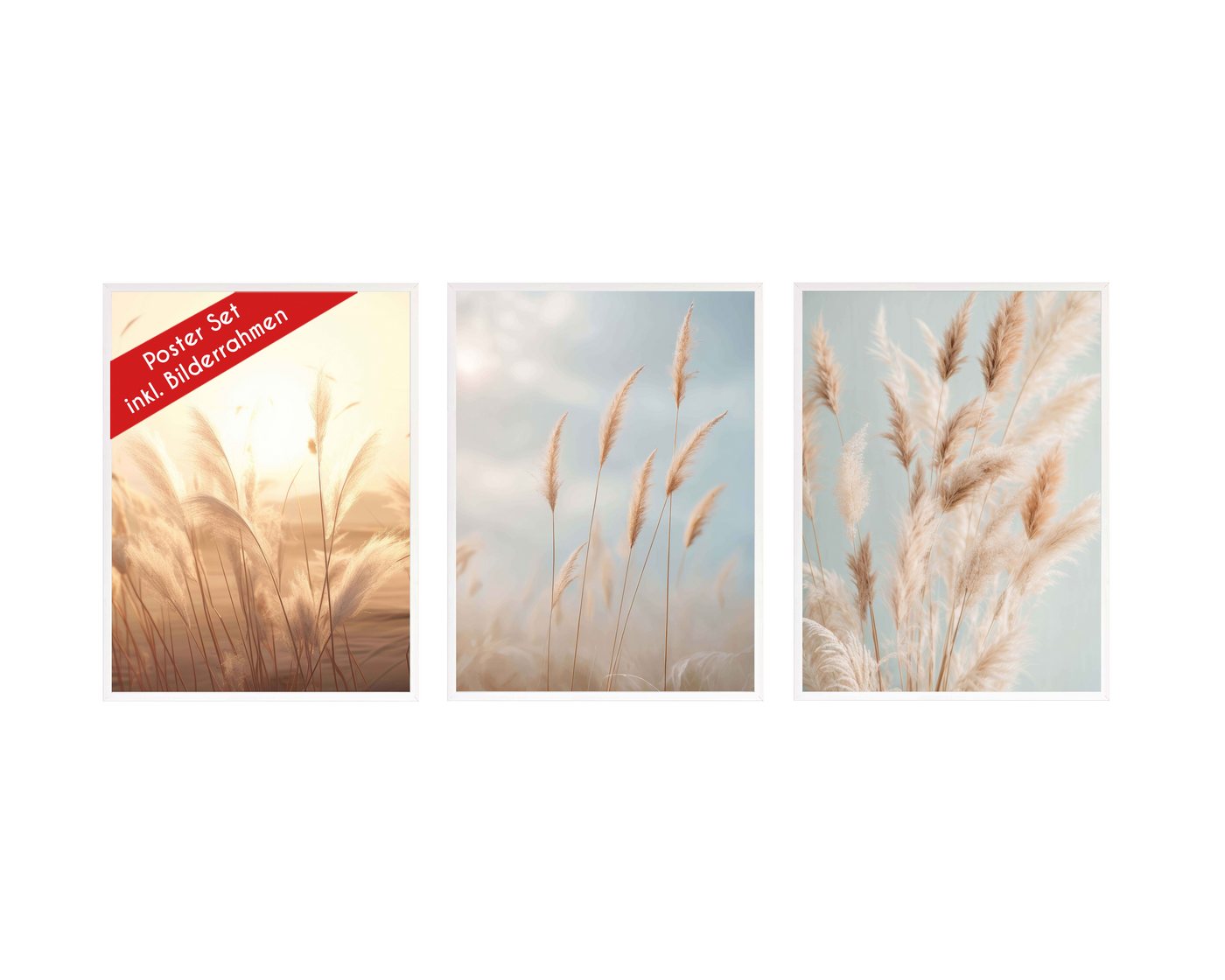 Wackadoo Living Poster Set inklusive Bilderrahmen, Pampasgras (3er Set aus italienischem Holz), Bildformat 30 x 40 cm von Wackadoo Living
