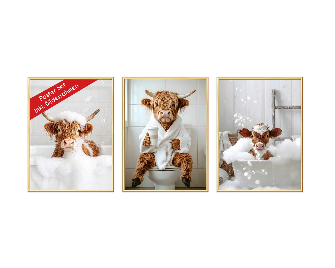 Wackadoo Living Poster Set inklusive Bilderrahmen, Shower Kuh (3er Set), Bildformat 30 x 40 cm von Wackadoo Living