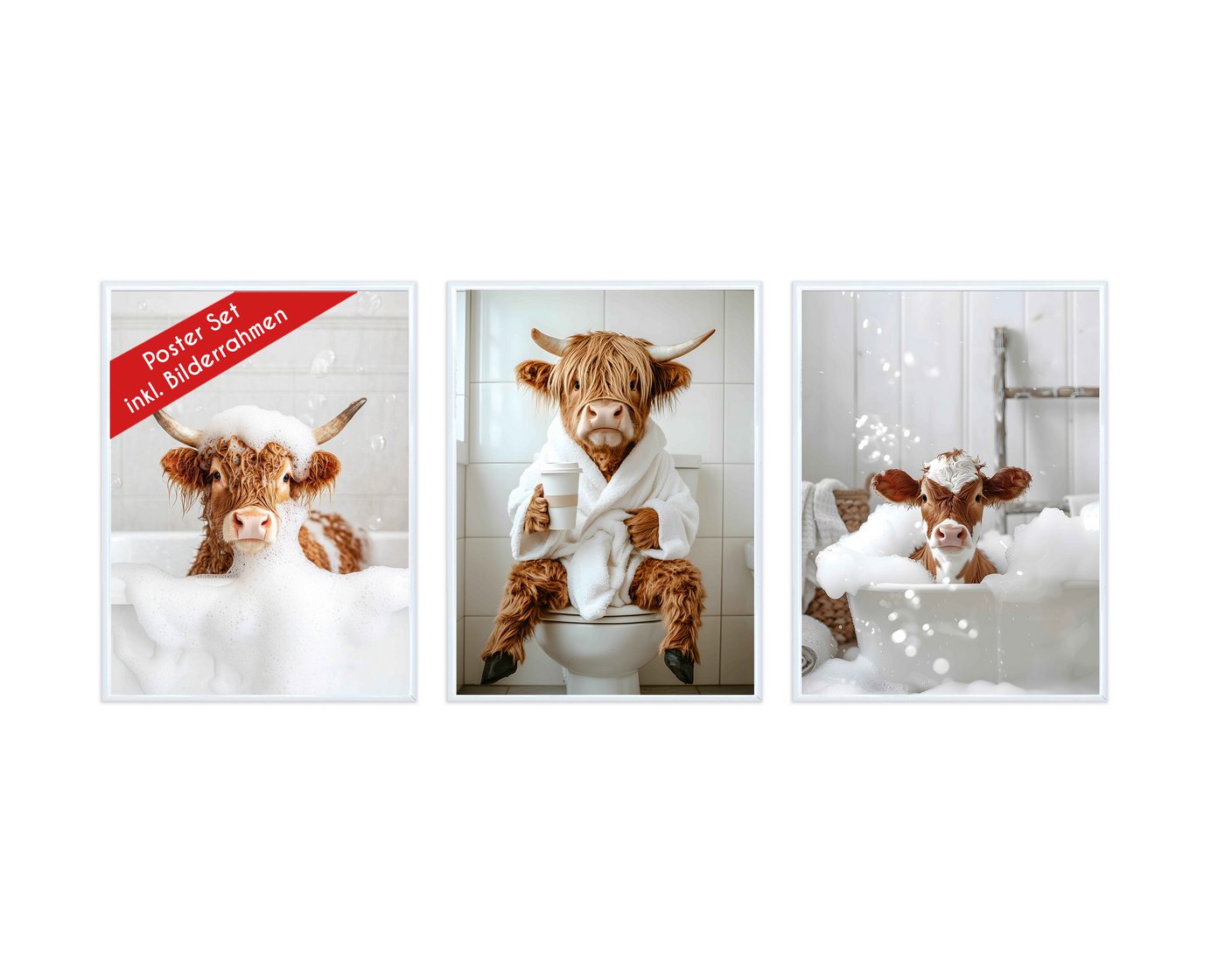 Wackadoo Living Poster Set inklusive Bilderrahmen, Shower Kuh (3er Set aus italienischem Holz), Bildformat 30 x 40 cm von Wackadoo Living