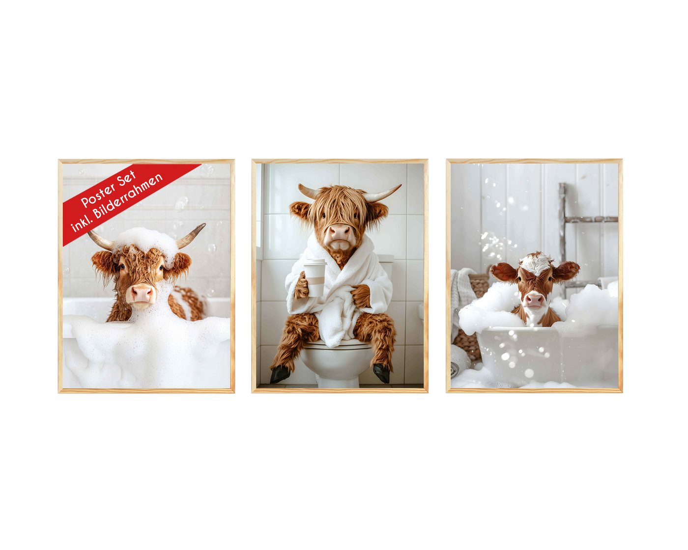 Wackadoo Living Poster Set inklusive Bilderrahmen, Shower Kuh (3er Set aus italienischem Holz), Bildformat 30 x 40 cm von Wackadoo Living
